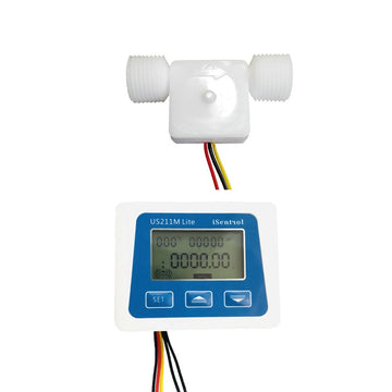 Front view of the digital flow meter displaying the flow rate, connected to the Hall effect sensor.